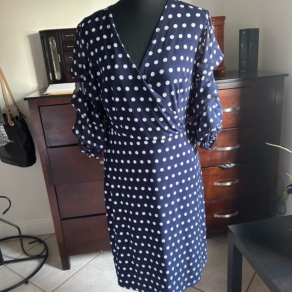 Glamour Blue and White Wrap Dress with Bishop Sleeves